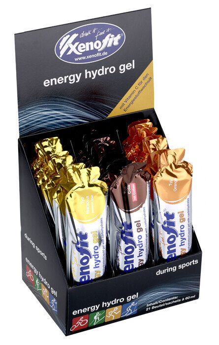 Drei verschiedene Geschmacksrichtungen von Xenofit Energie Hydro Gel in einer Verkaufsprรคsentation