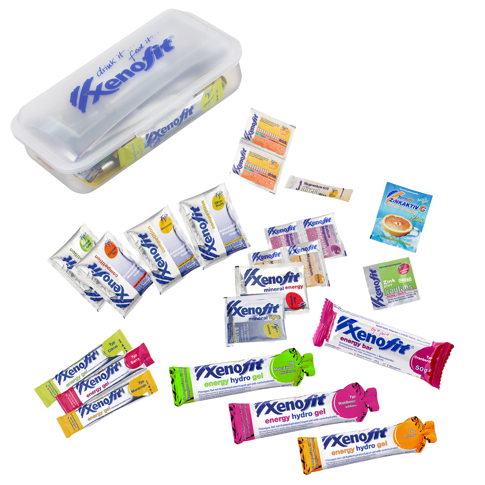 Xenofit Energie- und Mineralprodukte in einem transparenten Behรคlter