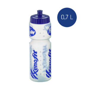 Transparente Trinkflasche mit blauer Kappe und Xenofit-Logo