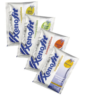 Pakete von Xenofit Wettbewerb Getränken in verschiedenen Geschmacksrichtungen.