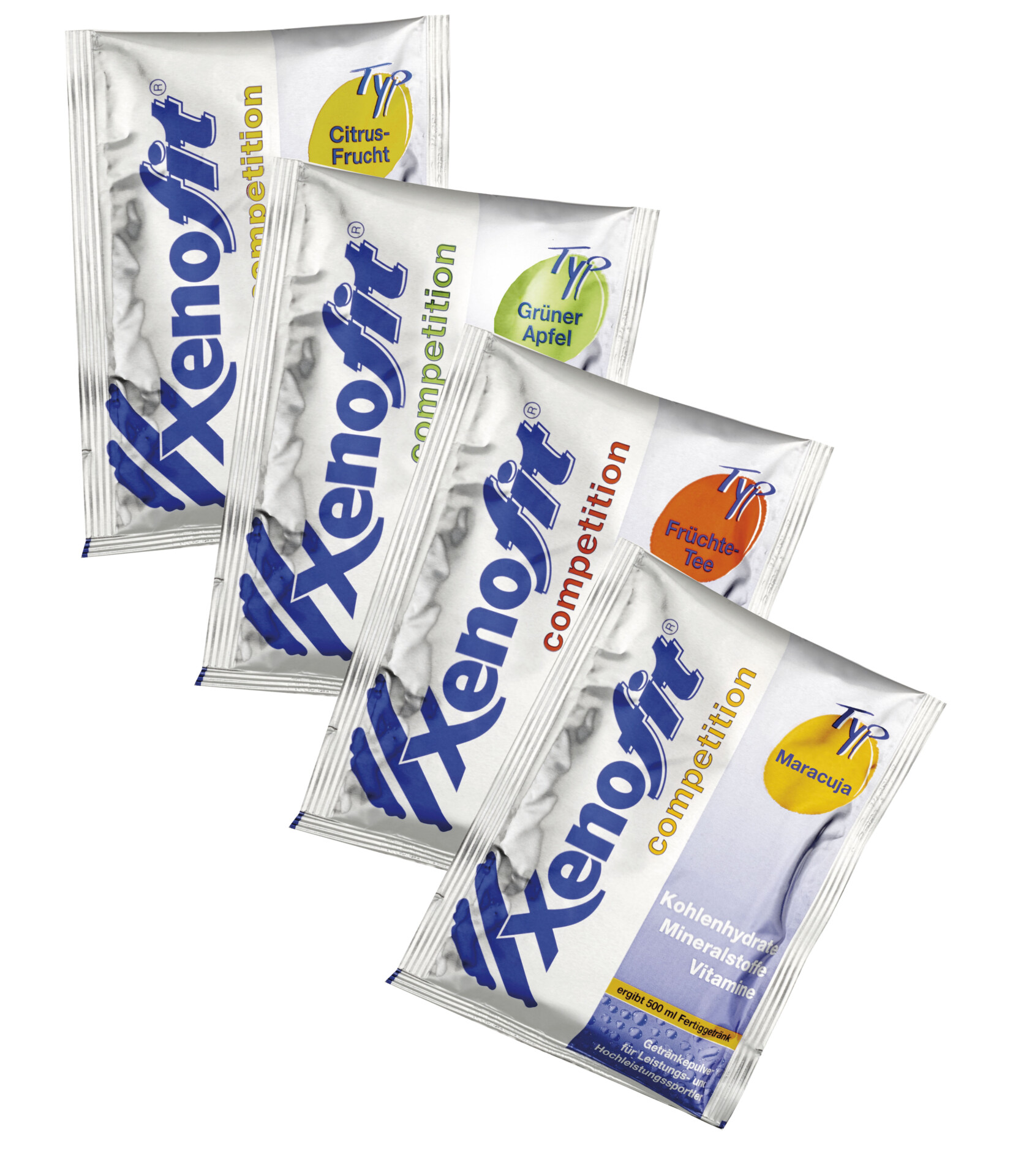 Pakete von Xenofit Wettbewerb Getrรคnken in verschiedenen Geschmacksrichtungen.