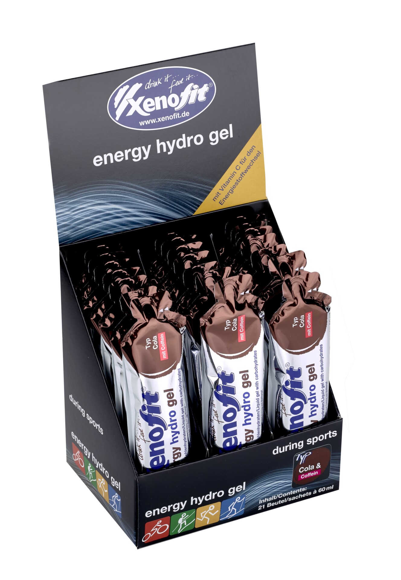 Display of Xenofit energy hydro gel sachets in cola flavor
