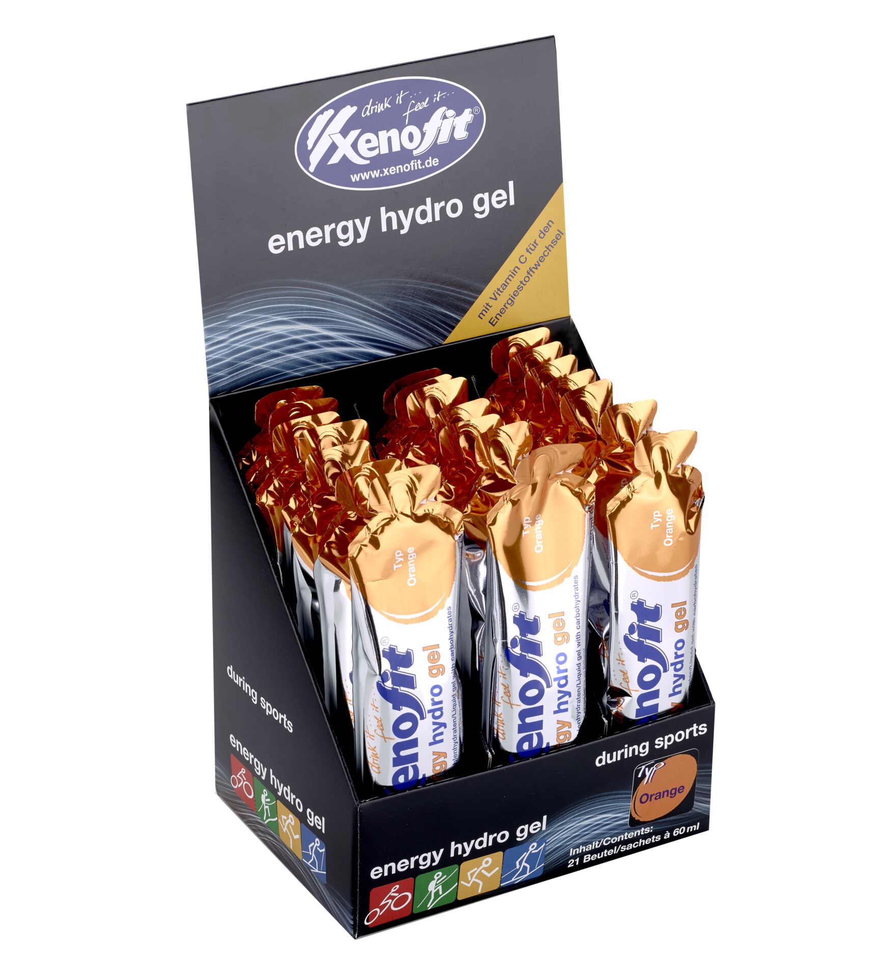 Display box of Xenofit energy hydro gels in orange flavor