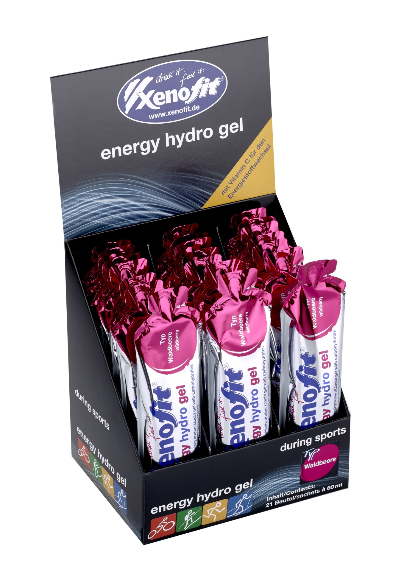 Display of Xenofit energy hydro gels in a box