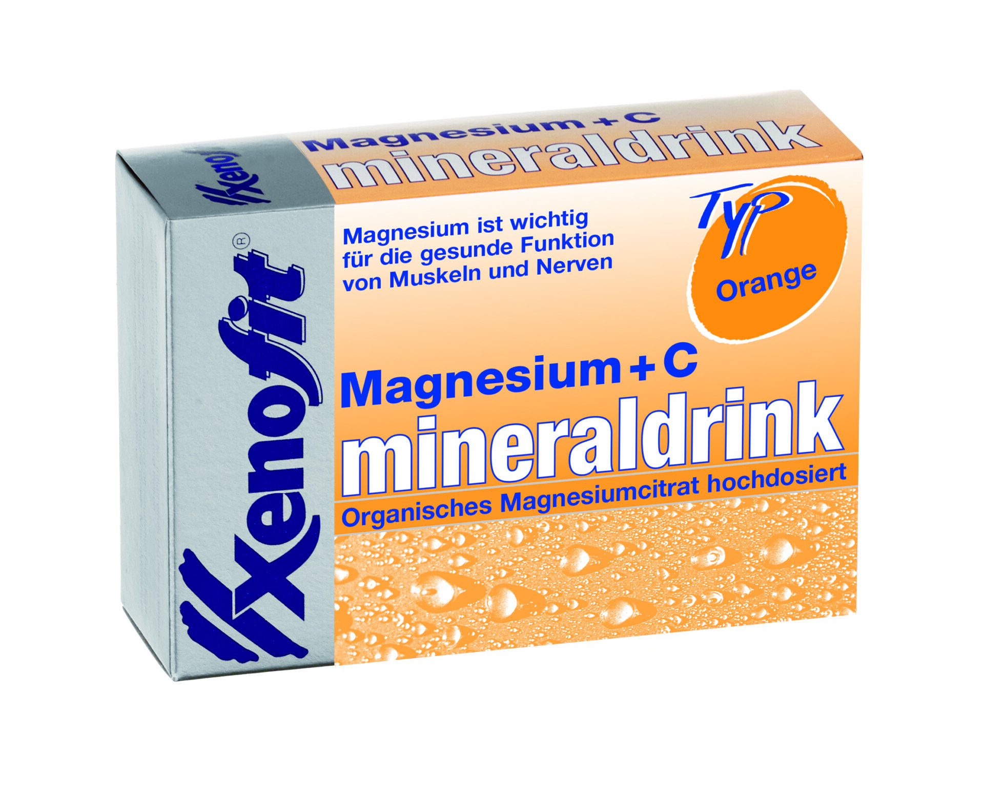 Packung von Xenofit Magnesium + C Mineraldrink mit orangefarbenem Design