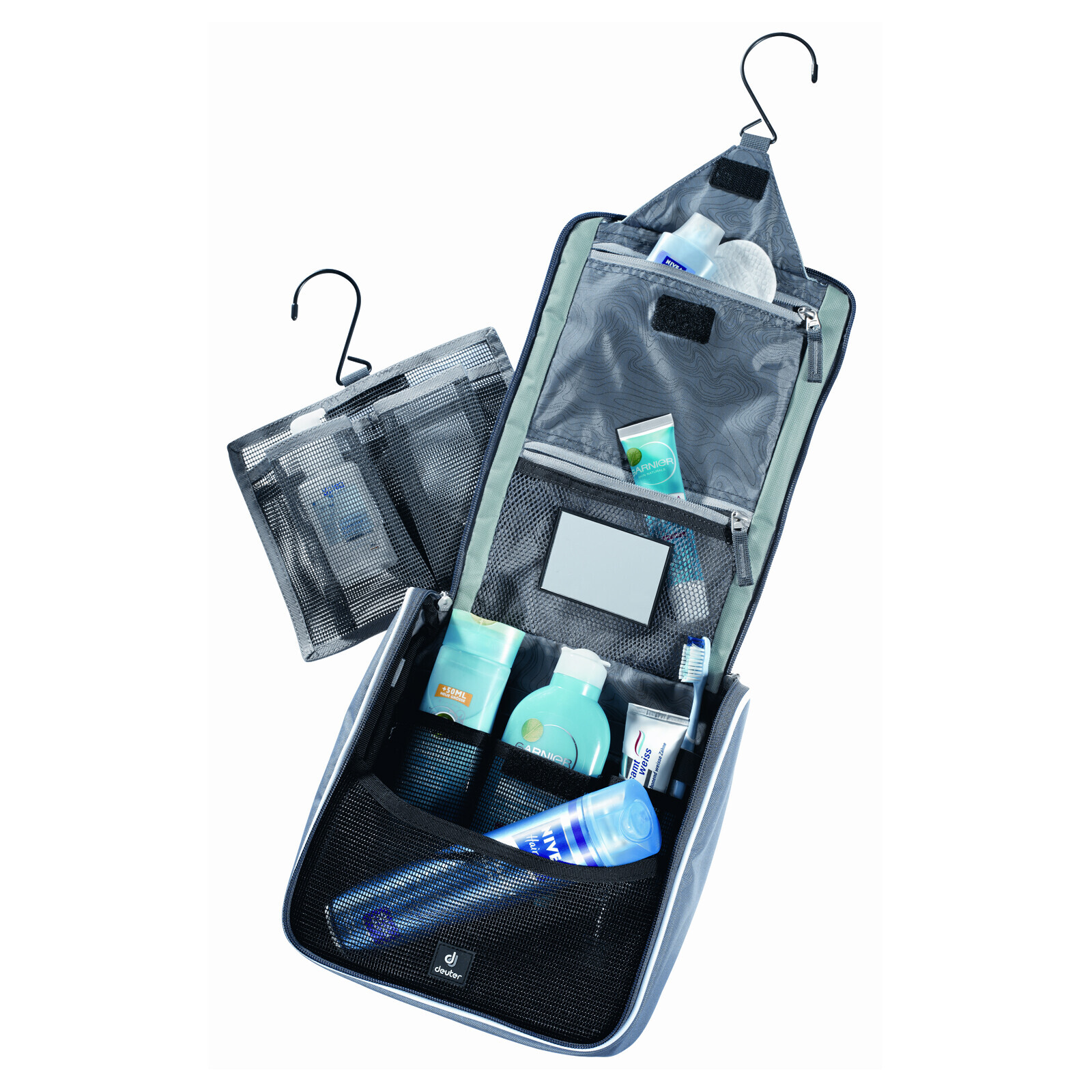 Offener Kulturbeutel mit Pflegeprodukten